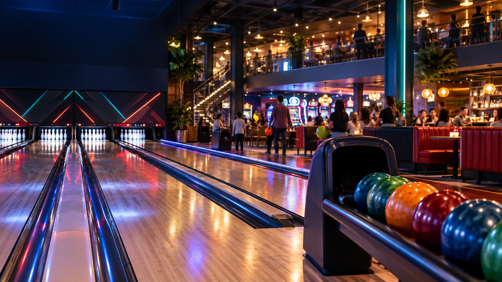 Modern bowling lanes with colourful lighting, seating, arcade machines and customers enjoying a night out