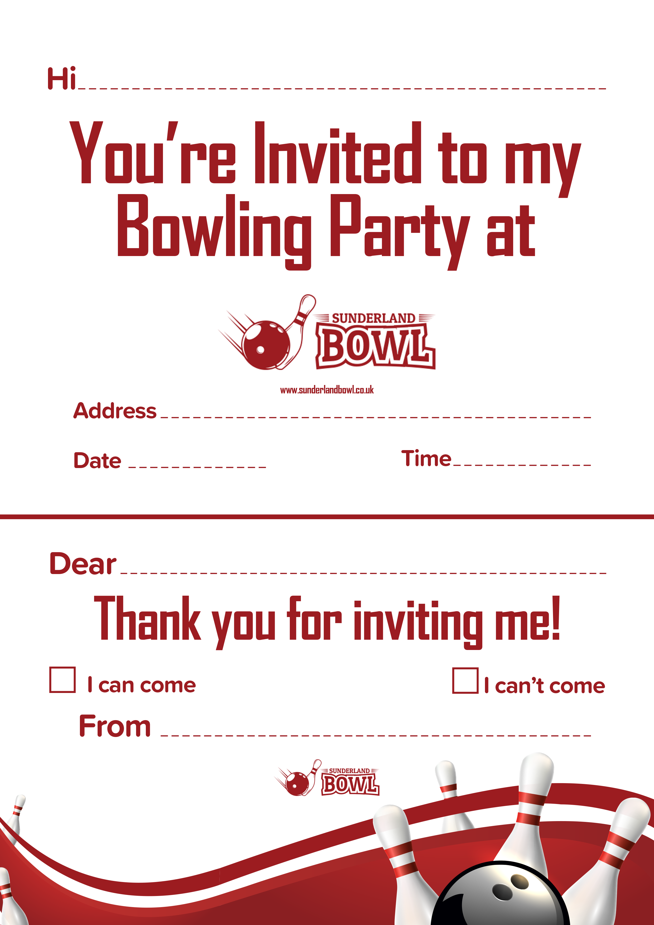 Sunderland Bowl birthday party invite preview