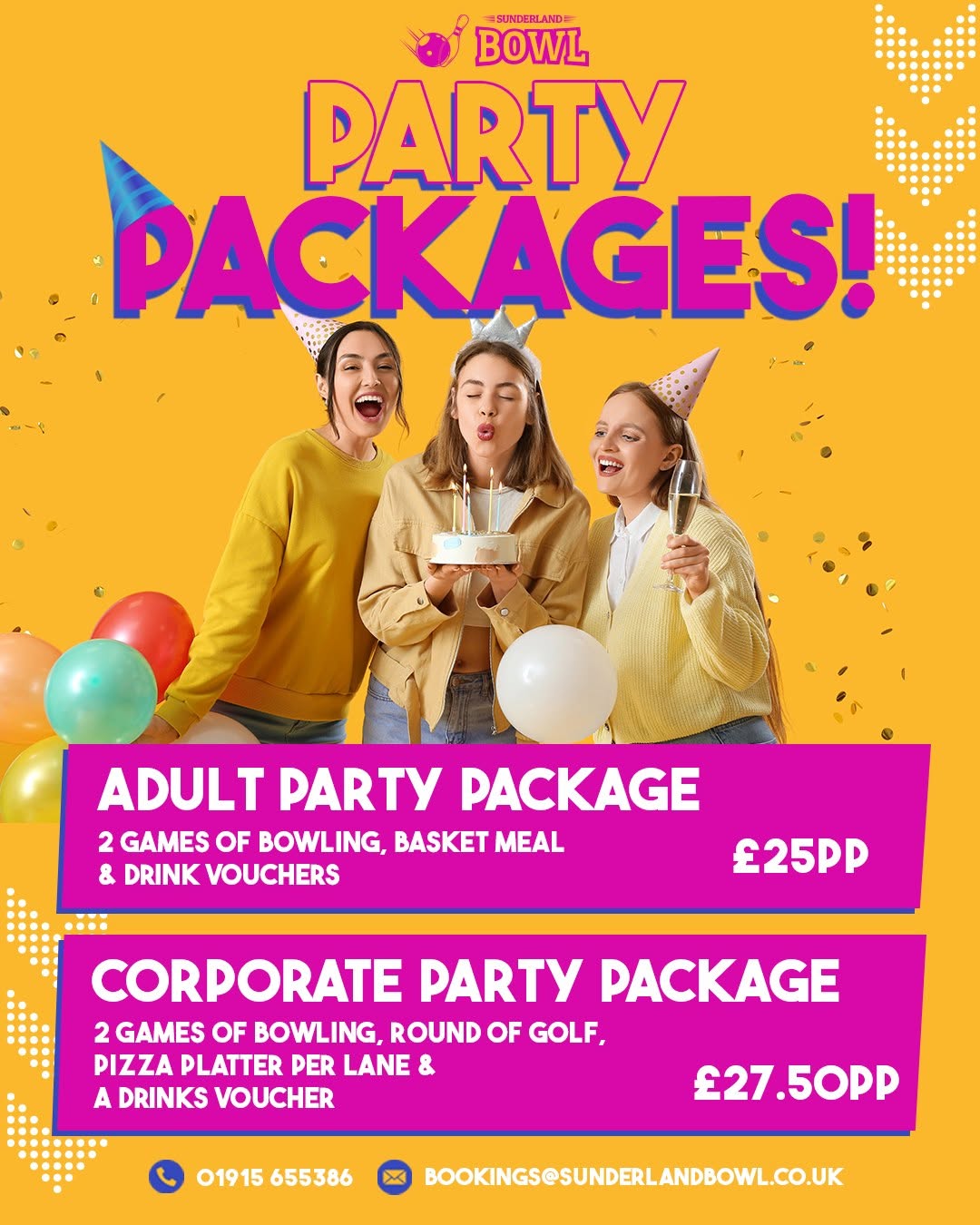 Kids party package promotional graphic from Sunderland Bowl